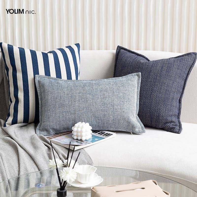 普鲁士蓝抱枕组合地中海简约蓝色条纹棉麻质感方形靠垫套舒适饱满