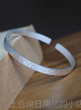 高档手999银手工原创纯光板细厚实手镯可定制图案环刻字