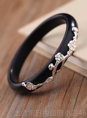 高档西苏檀香炼女子纯银原花梅镶嵌天然乌手木镶嵌银手炼珠宝礼品