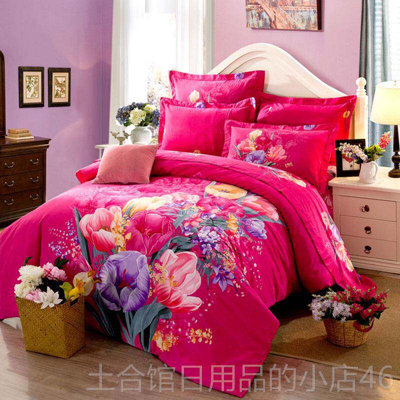 高档雪晶灵件全棉加厚庆磨毛四花套3D立体活性印被套床单纯棉婚4