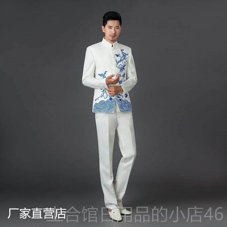 高档绣花立领中装男改中式民乐大合唱表演礼服良唐装主山持演人出