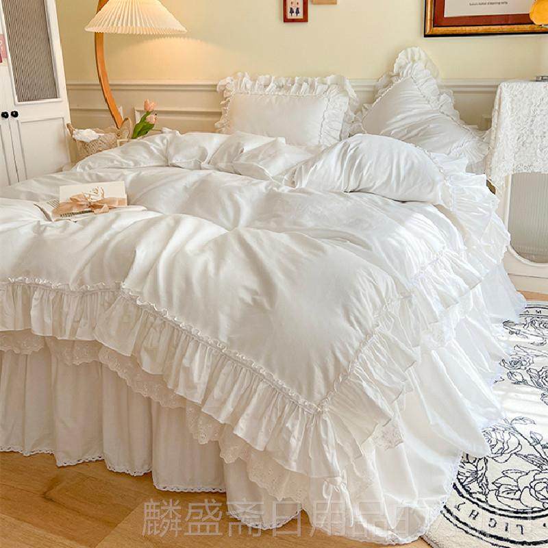 正品韩式件套全纯白色贡缎式公主四风床单纯棉被套1.棉8m床裙床上