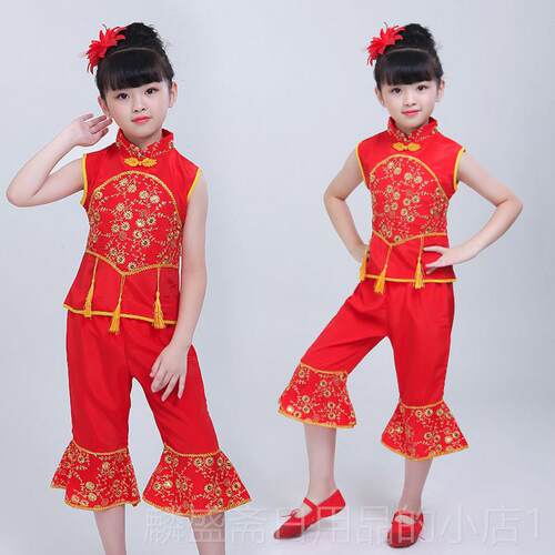 正品一儿六童秧服演出服打鼓服说唱中国红喜表庆风幼儿园舞蹈演歌