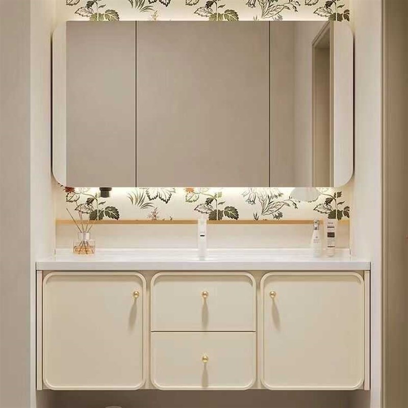 法式奶油风浴室柜组合陶瓷一体盆卫生间洗漱台洗手池洗脸盆柜定制