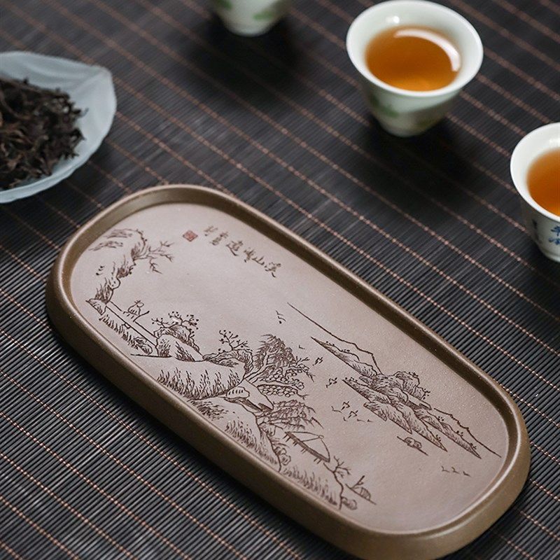 文砂宜兴紫砂干泡台精工刻绘壶承壶托茶盘茶道配件功夫茶具青段泥