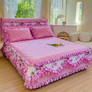 冬季 保暖水晶绒夹棉床裙单件加厚珊瑚绒床罩床套单床头罩防滑床盖