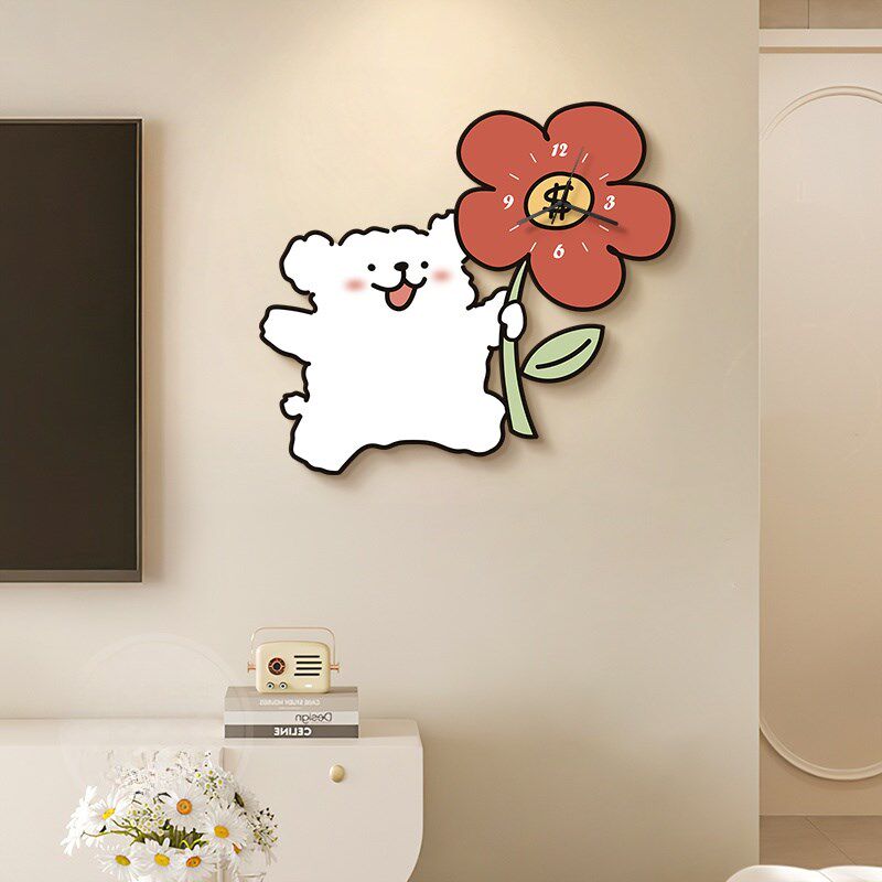 线条小狗客厅电视背景墙装饰画钟表挂钟奶油风餐厅挂画多巴胺时钟