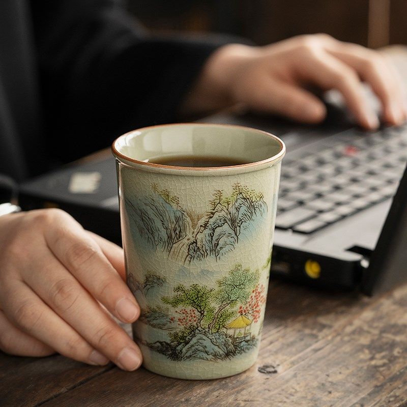 醉饮手工手握杯茶杯子家用茶具陶瓷老陶泥冰裂只此青绿可乐杯