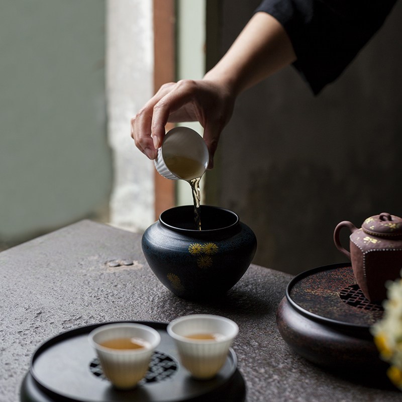 叶屿高档老铁漆建水茶渣缸家用茶具桌面水盂废水缸大容量洗杯