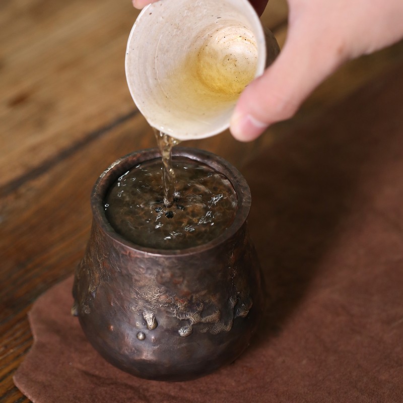 手工复古鎏银紫铜建水茶洗蓄水小壶承茶渣桶水洗水盂功夫茶道配件