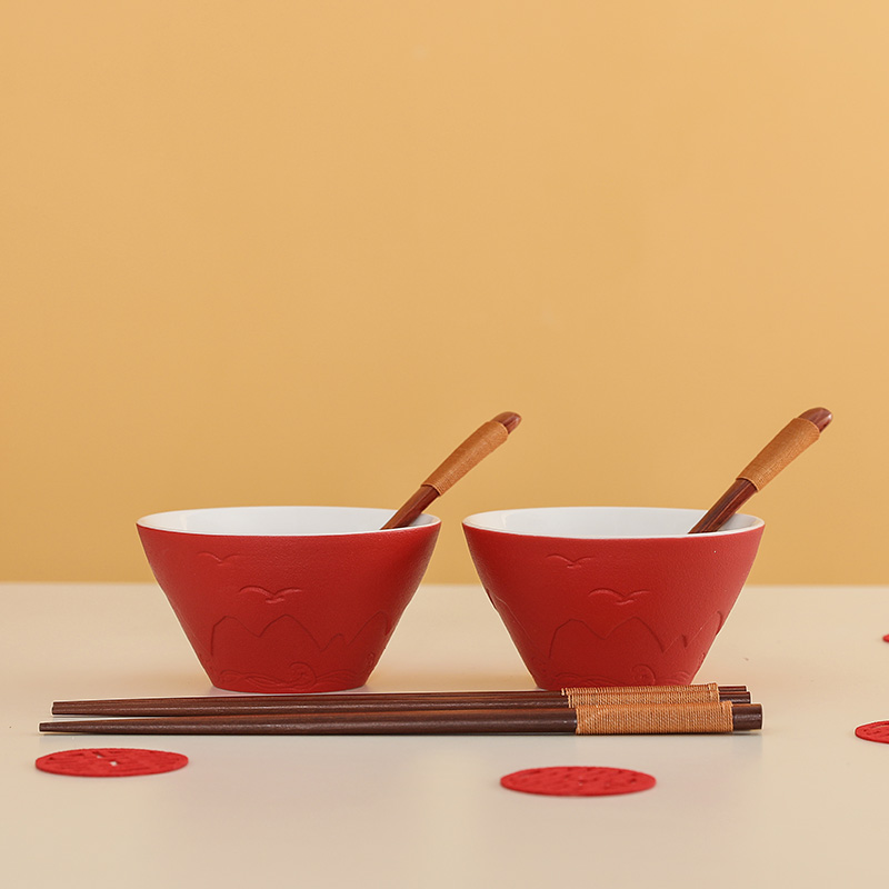 喜碗结婚对碗套装新婚娘家陪嫁用品陶瓷子孙红碗敬茶杯茶具套装