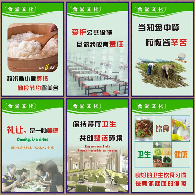 食堂标语KT板 饭堂布置装饰画 节约粮食挂画 节约用水宣传标牌