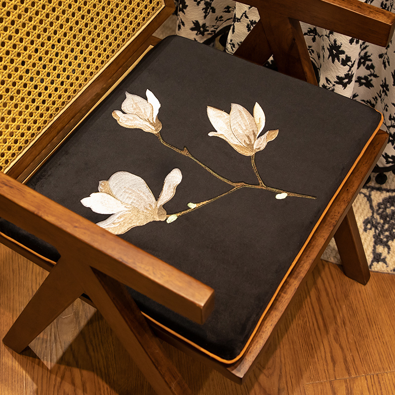 高端绒布刺绣茶椅垫法式中古风实木餐椅坐垫防滑软垫子加厚屁垫