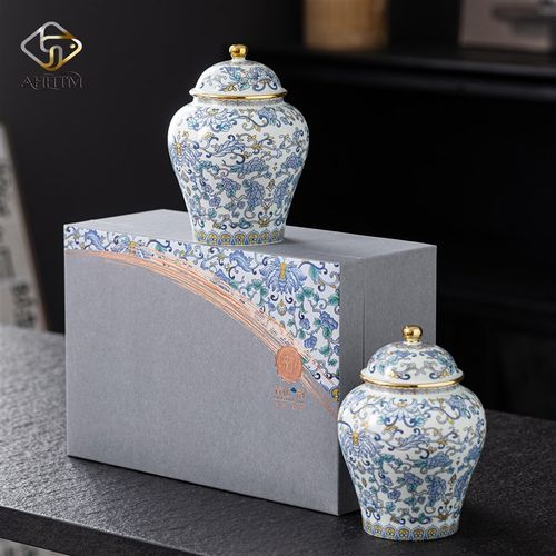 陶瓷茶叶罐国风高档青花瓷金边装饰密封罐中式复古风储物罐礼盒装