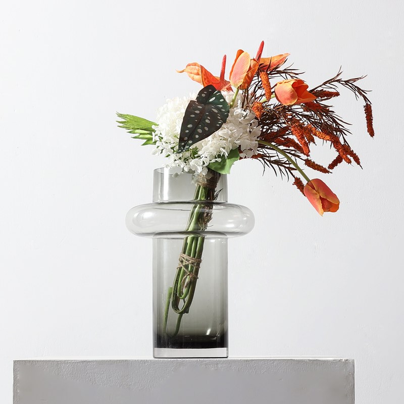 现代简约灰色玻璃花瓶花束客厅桌面插花装饰样板间售楼部软装摆场