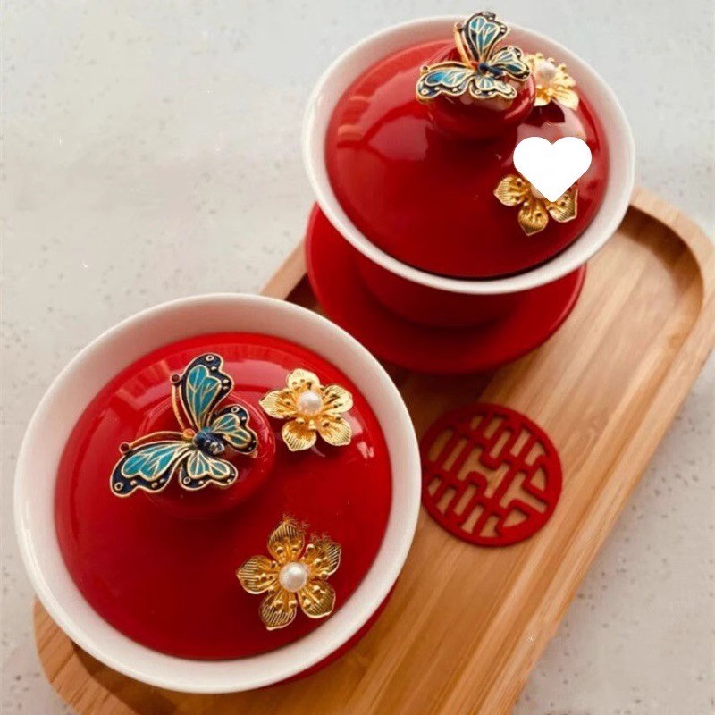 吾家婚品敬茶杯喜结连理婚庆用品陪嫁对diy手作装饰陶瓷盖碗结婚