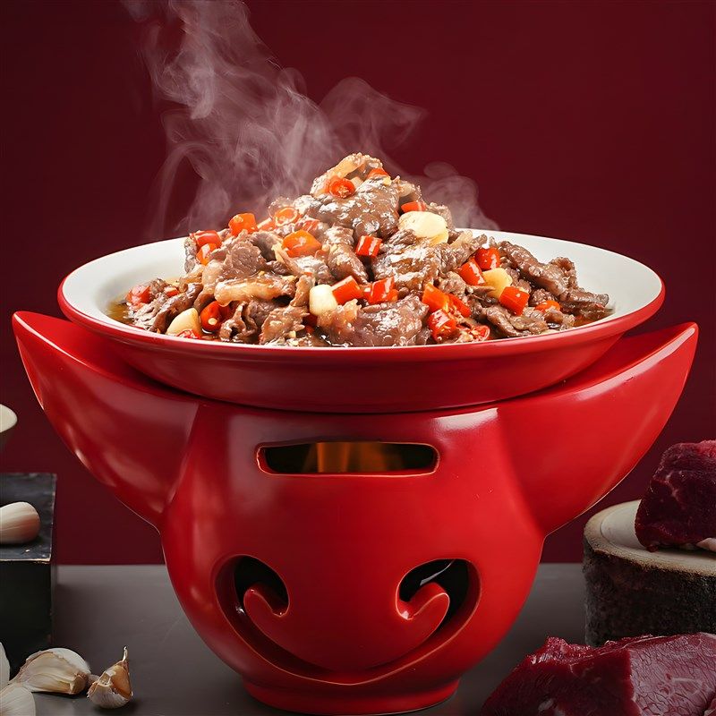 红色小炒黄牛肉辣椒炒肉盘子酒精加热餐具干锅炉家用牛形意境餐盘
