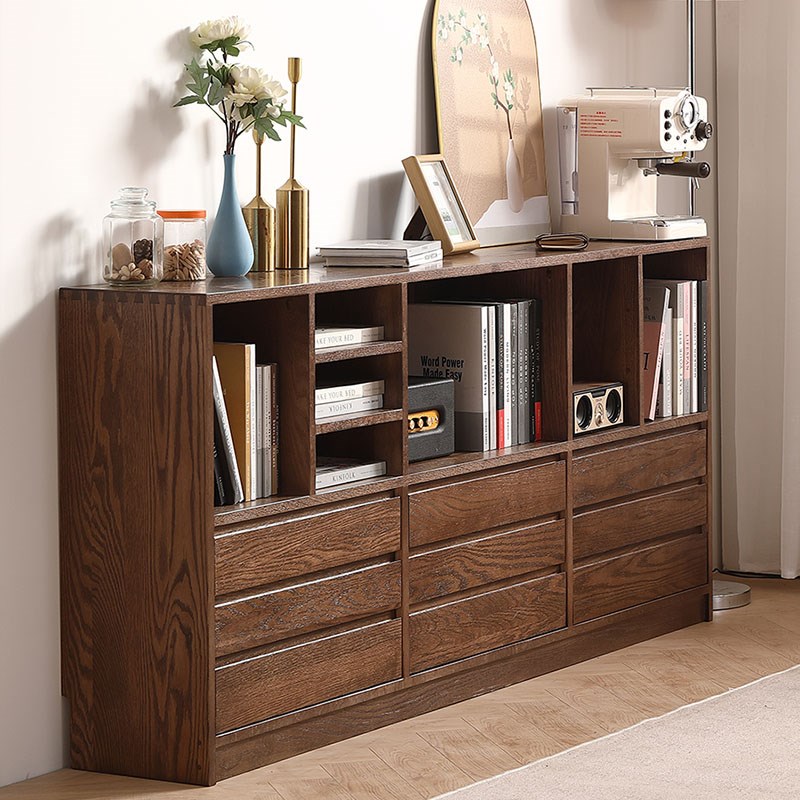 全实木多功能红橡木黑胡桃色组合书柜架矮客厅电视墙抽屉收纳柜子