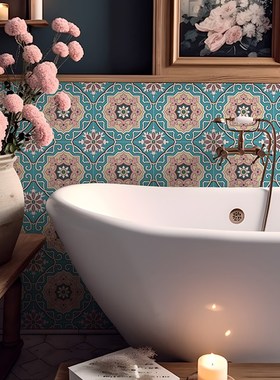 Sonnet  覆古彩色花砖贴纸蓝粉配色浴室墙面翻新防水墙贴装饰