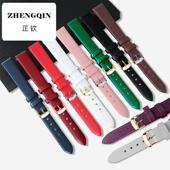 适用柔软超薄头层小牛皮真皮手表带女表链平纹皮表带女绿色粉色8