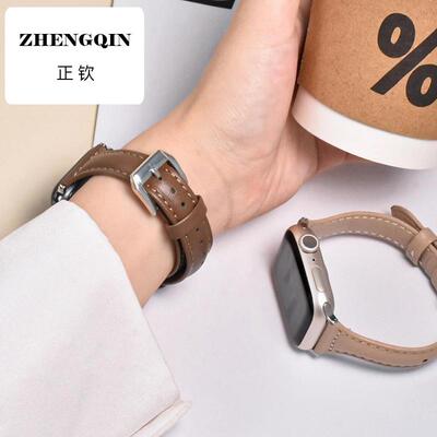 适用applewatchS10手表带小蛮腰皮质表带iwatchS10/9复古纤细皮表