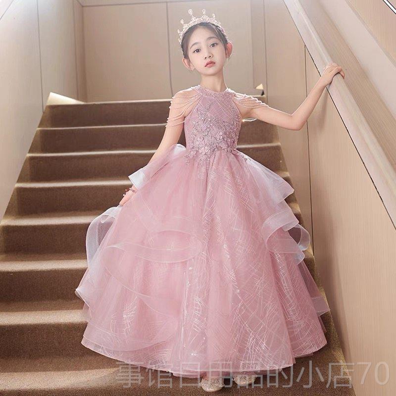 高档红色女晚礼服轻奢小众高端花婚公主礼裙童儿童主持人钢琴演童图片