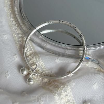 高档十七作 一999足银不褪色覆古银饰花朵磨银砂古手法纯铃铛手镯