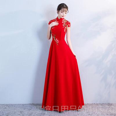 高档红比赛礼服深V领无裙袖长裙冬季丝绒合唱团出表演服饰 长演服