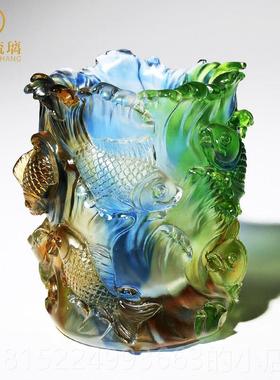 正品琉璃创鱼笔筒公室桌面日装饰摆件送女领导生礼物办高档实用轻