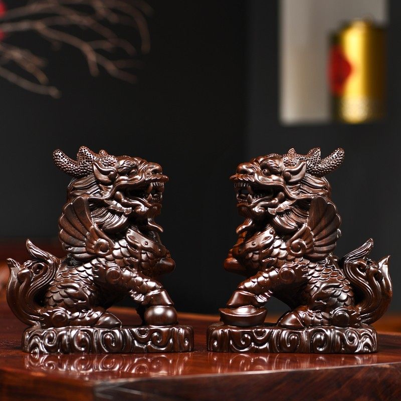 黑檀木雕麒麟一对摆件实木质瑞兽家居客厅办公桌面装饰红木工艺品