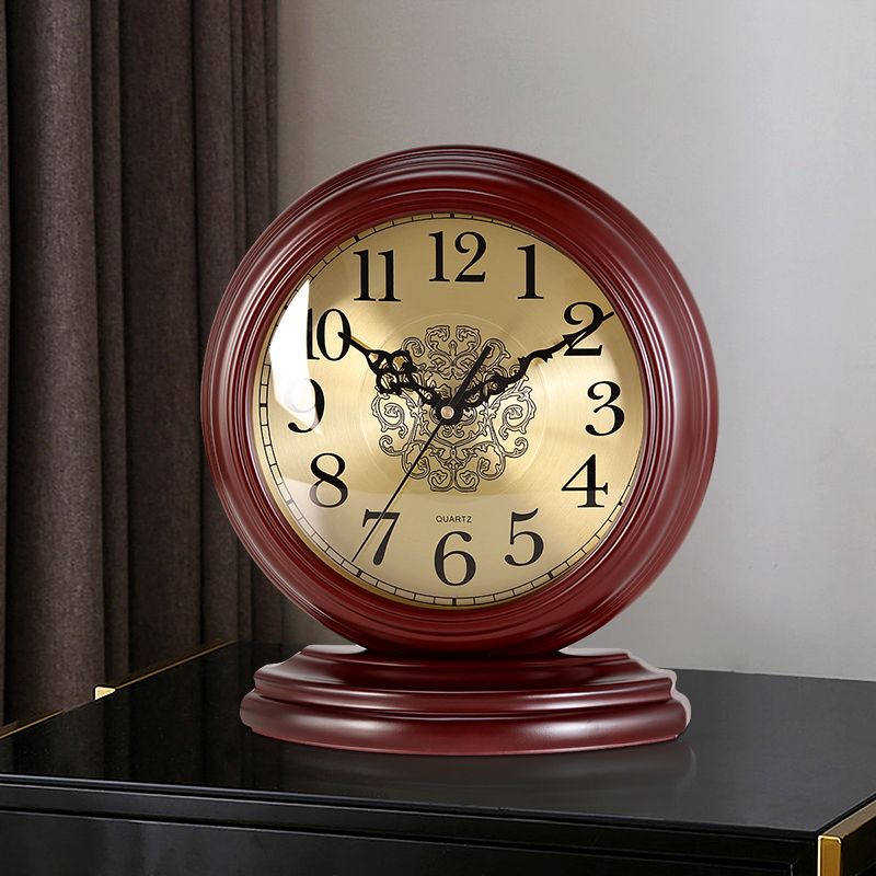 欧式台钟客厅家用博古架时钟表摆件电视柜台木质坐钟复古静音座钟