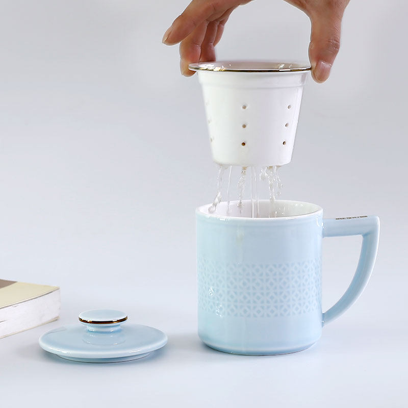 雅诚德陶瓷茶杯会议办公杯盖杯茶具茶水分离泡茶杯子高档水杯茶隔