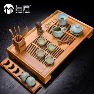 茗匠茶具竹制茶盘储水排水抽屉式两用带茶杯架茶海中大号茶托盘