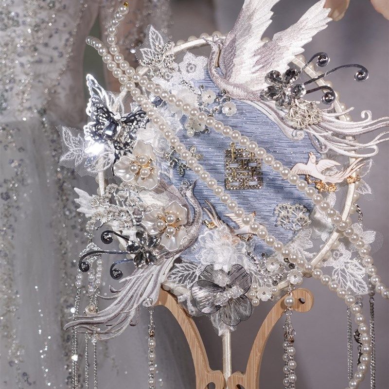 蓝银色新娘结婚团扇diy材料包秀禾服双面中式婚礼出嫁喜扇子成品