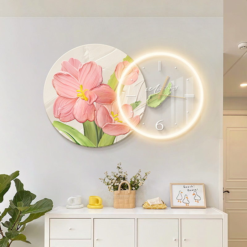 餐厅装饰画奶油风花卉饭厅钟表挂钟组合挂画现代简约客厅led灯画