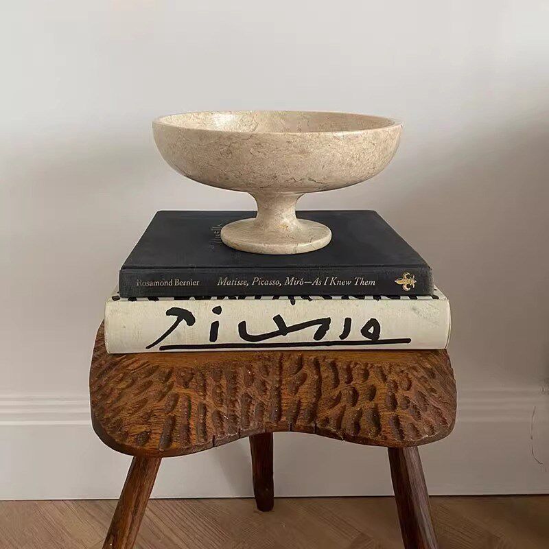 中古侘寂风天然大理石果盘设计师别墅样板托盘装饰品高档艺术摆件