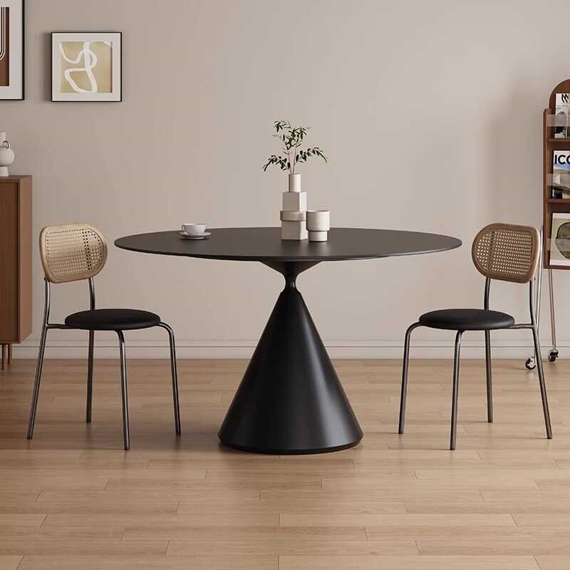 法式复古岩板桌子现代简约纯黑白圆桌小户型家用餐桌椅组合圆桌子