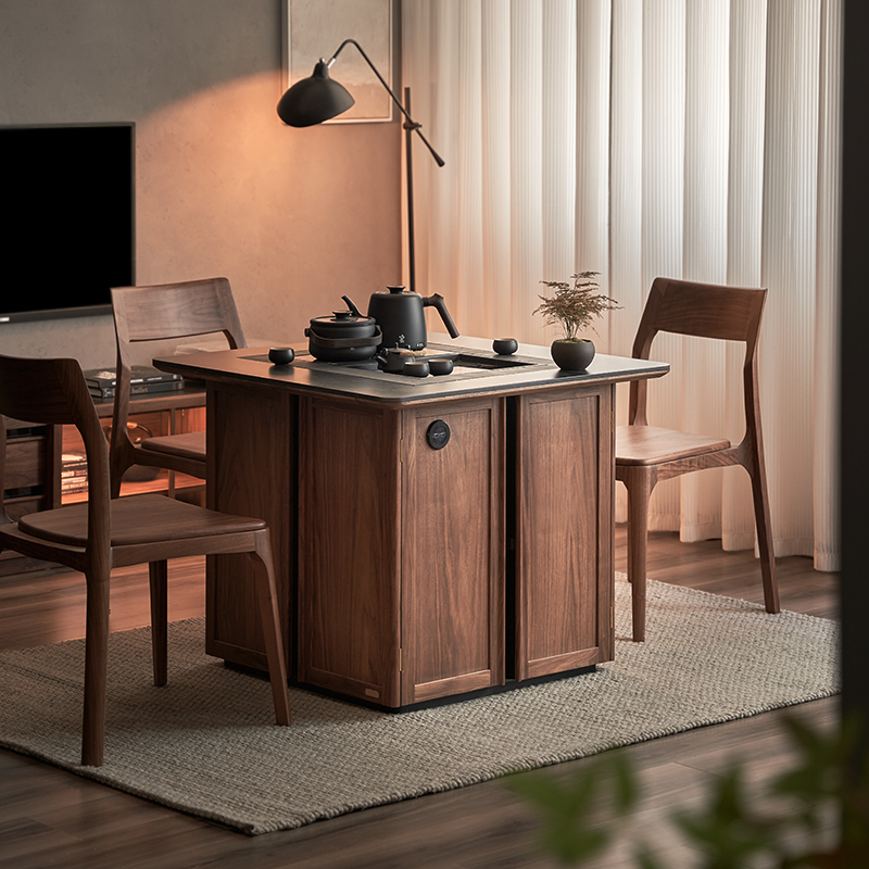 实木可升降茶桌客厅小户型移动阳台茶水柜家用黑胡桃岩板煮茶茶台