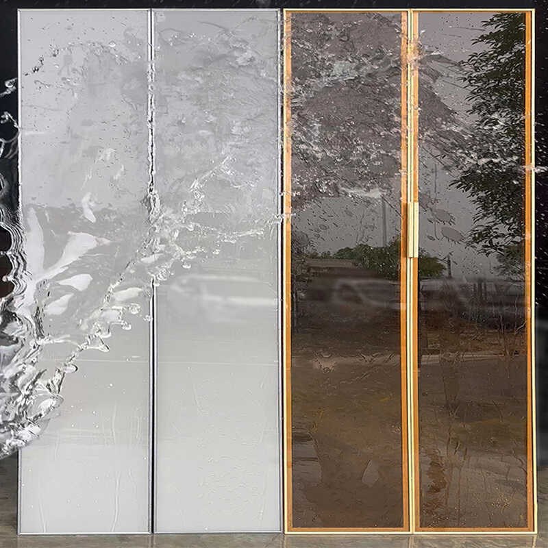 定制极简衣柜门茶灰黑色透明烤漆钢化玻璃铝边窄框酒柜书柜门定做