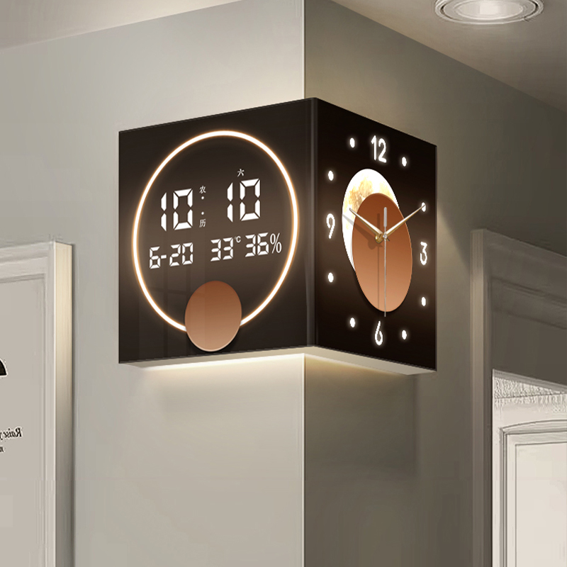 客厅双面挂钟创意壁灯拐角数显电子屏转角时钟挂墙免打孔发光钟表