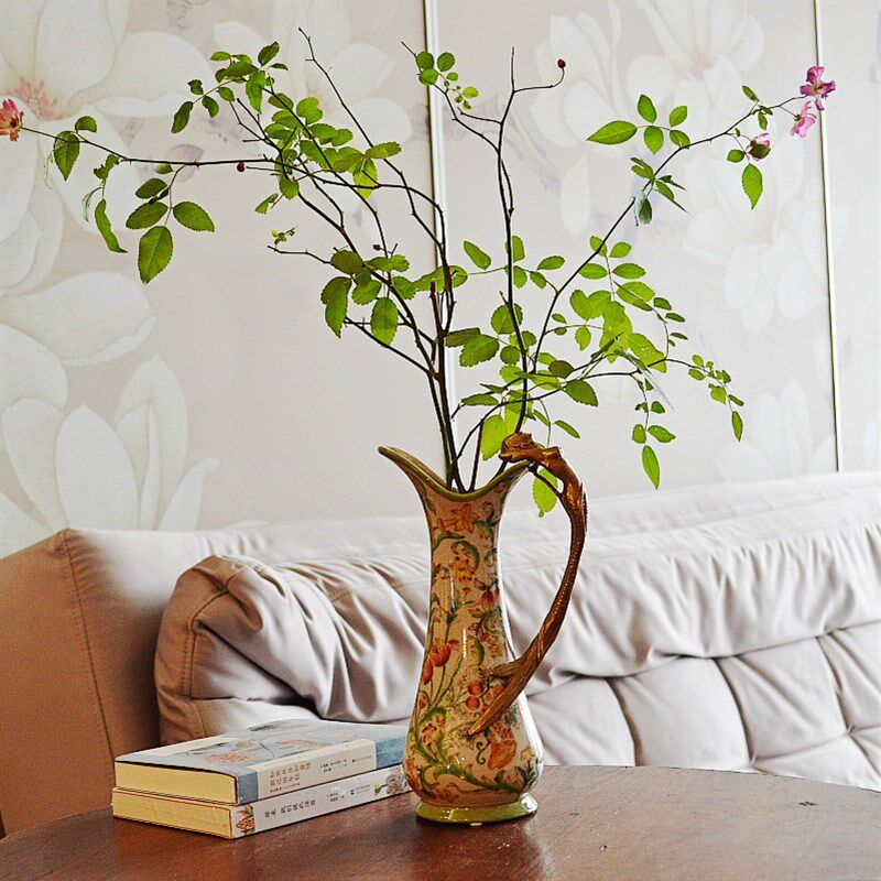 埃兰迪尔欧式古典陶瓷装饰摆件复古做旧釉裂纹手工铜美人鱼插花瓶