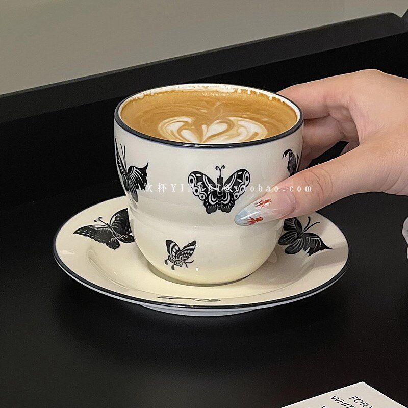 法式复古黑色蝴蝶葫芦陶瓷咖啡杯碟中古风下午茶拿铁拉花杯碟套装