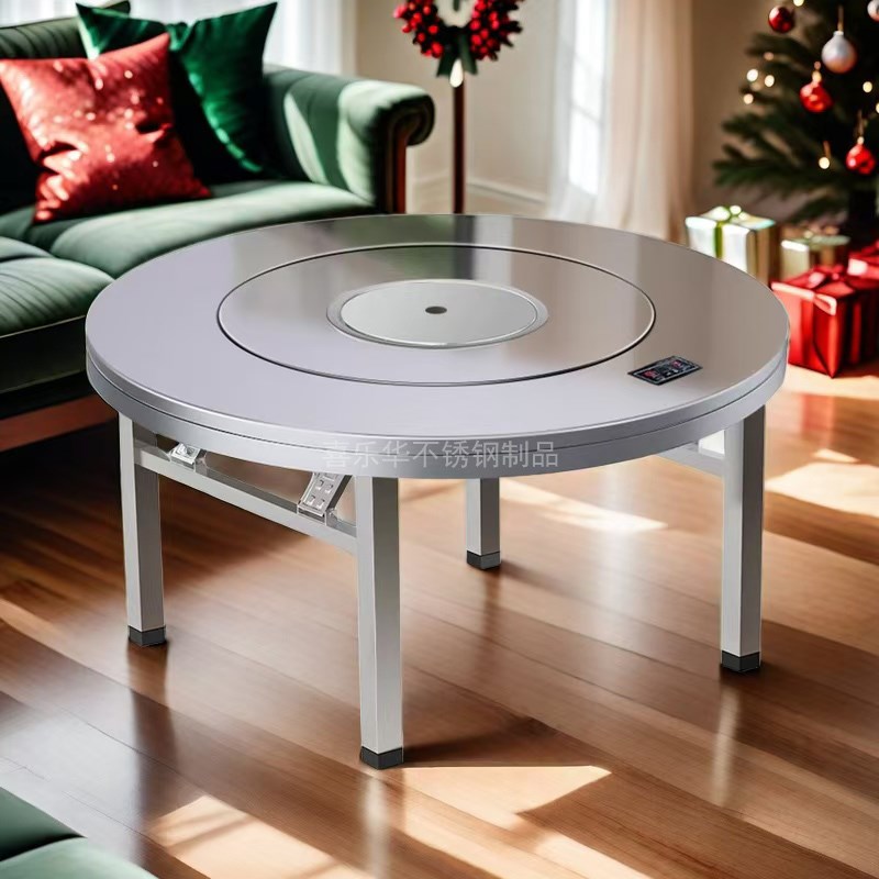 特厚不锈钢餐桌内置转盘火锅带电磁炉圆桌子方脚家用餐厅餐桌子