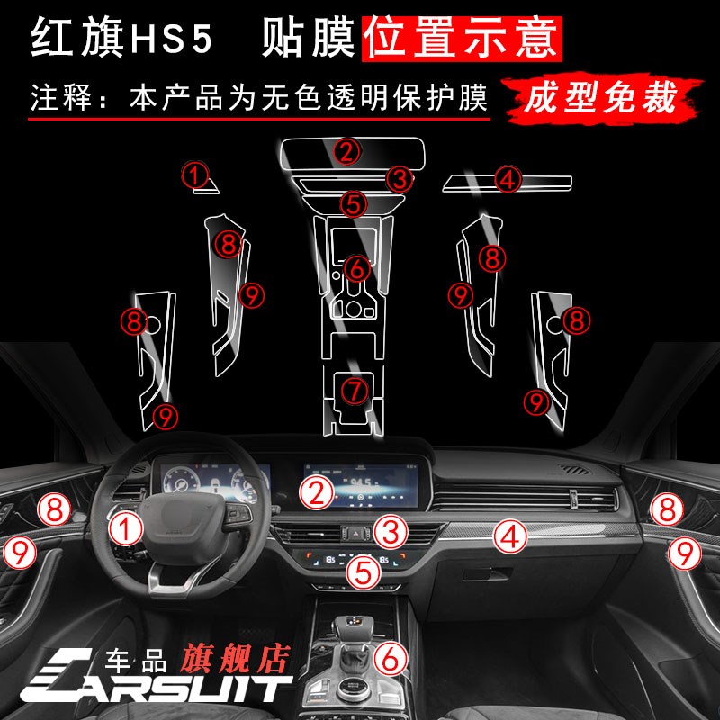 红旗HS5车内装饰用品大全屏幕钢化膜改装配件中控贴膜内饰保护膜