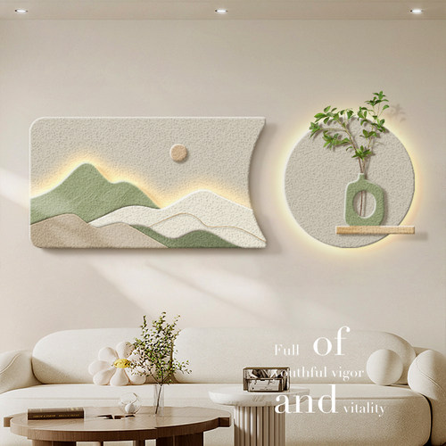 奶油风客厅装饰画小清新绿植发光壁画背有靠山沙发背景墙砂岩挂画