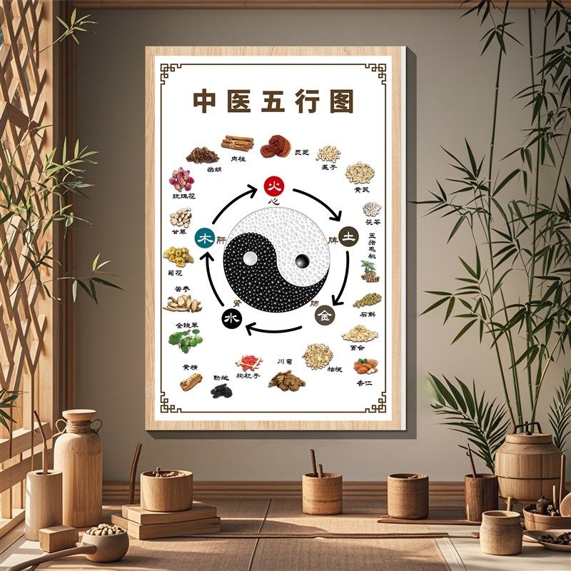 中医养生馆软装饰挂画形象背景墙面五行图文化宣传海报纸氛围布置