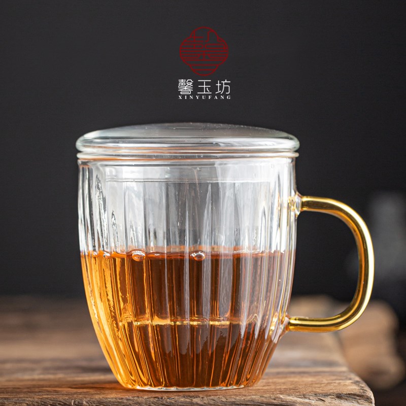 馨玉坊耐热竖纹玻璃杯带把带盖带过滤泡茶杯家用水杯透明花茶杯