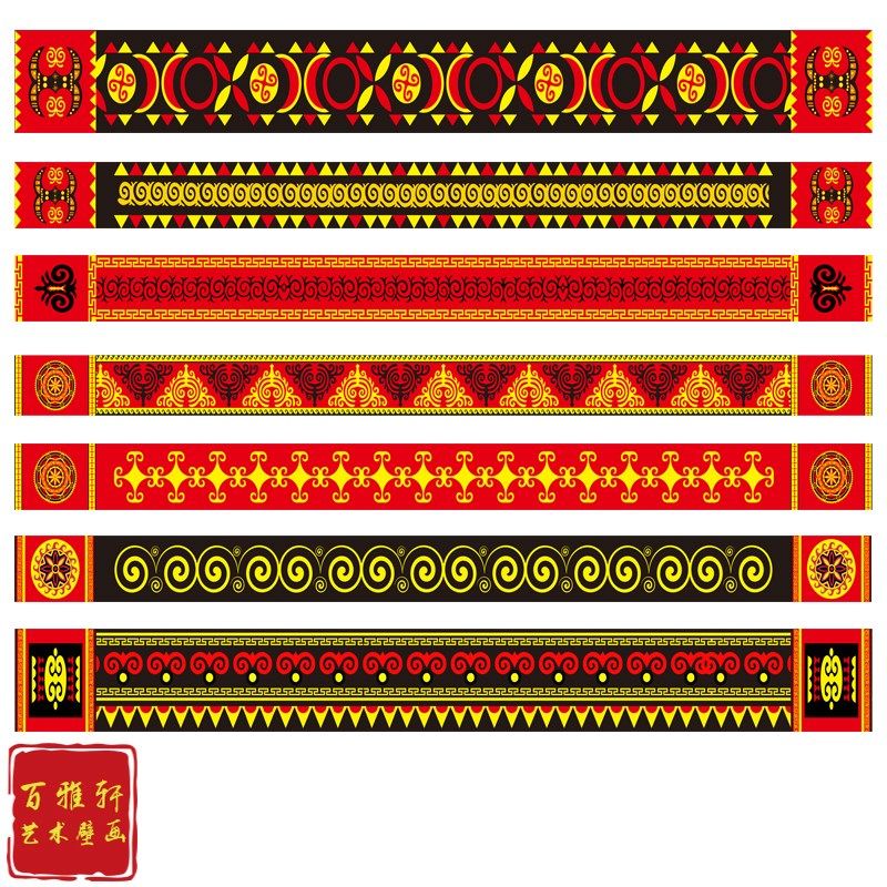 彝族梁纹柱古建筑墙布彩绘墙纸房梁饭店酒楼茶楼壁纸吊顶横梁壁画