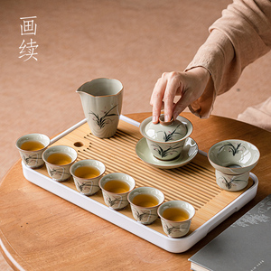 画续草木灰手绘兰花盖碗功夫茶具套装家用客厅喝茶杯带茶盘整套