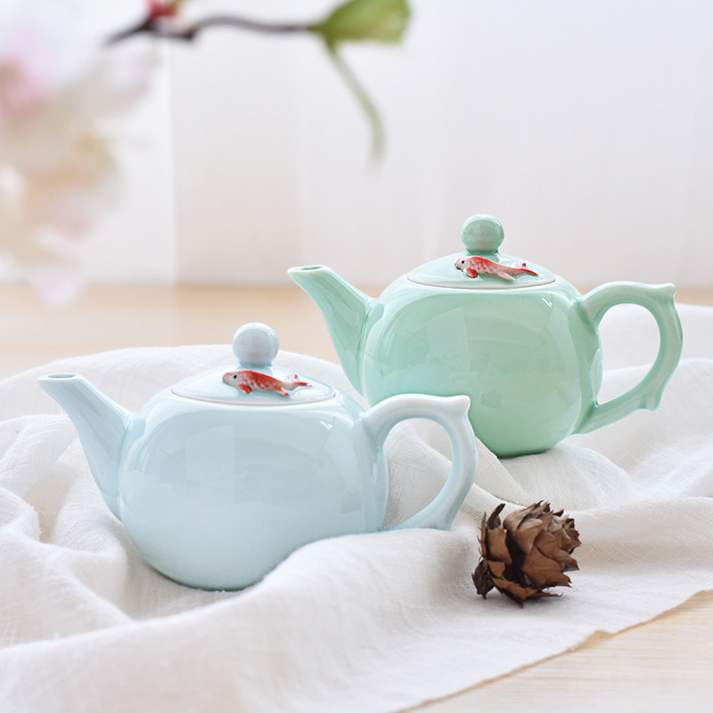 青瓷小鱼茶壶单壶陶瓷功夫茶具冲茶器创意中式小清新过滤泡茶壶